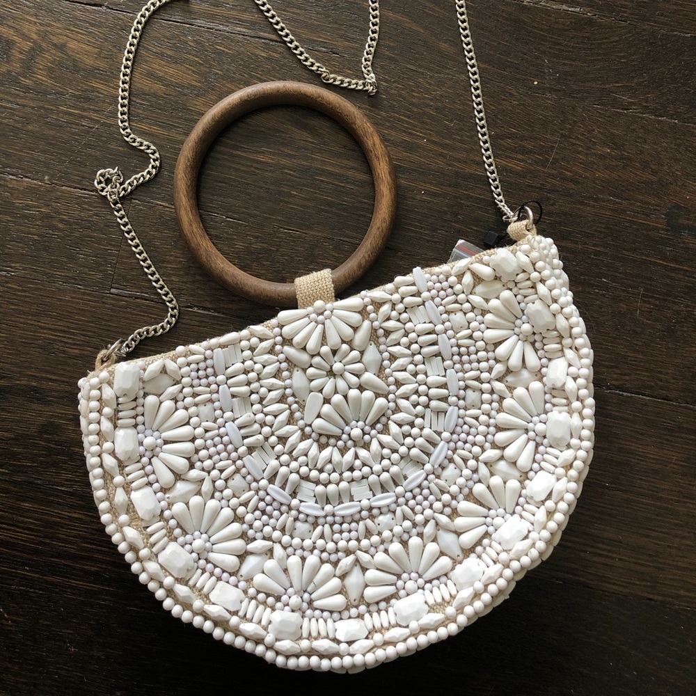 Zara Natural Beaded Oval Crossbody Bag